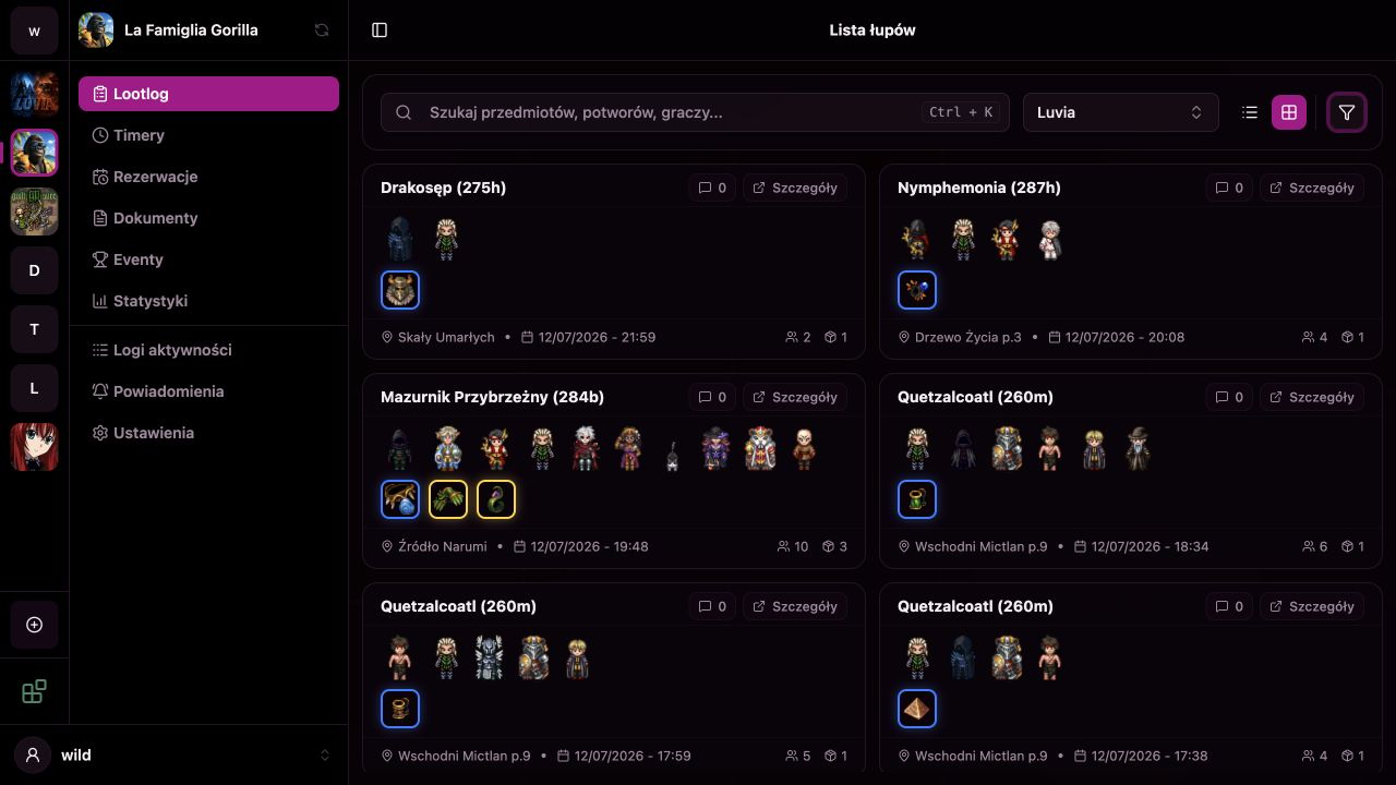 Lootlog klanu La Famiglia Gorilla na świecie Luvia z kartami potworów i łupami